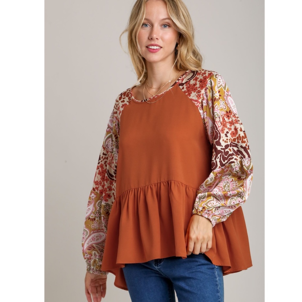 Umgee Rust Peplum Blouse with Paisley Balloon Sleeves